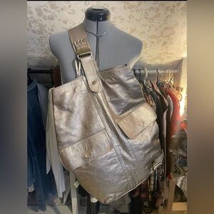 Oversized Metallic Leather Convertible Sling Tote Multi-Wear Brazil Artisan Bag